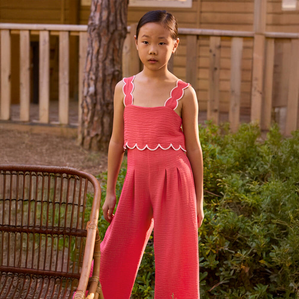 Mayoral-Girls Coral Pink Textured Jumpsuit | Childrensalon