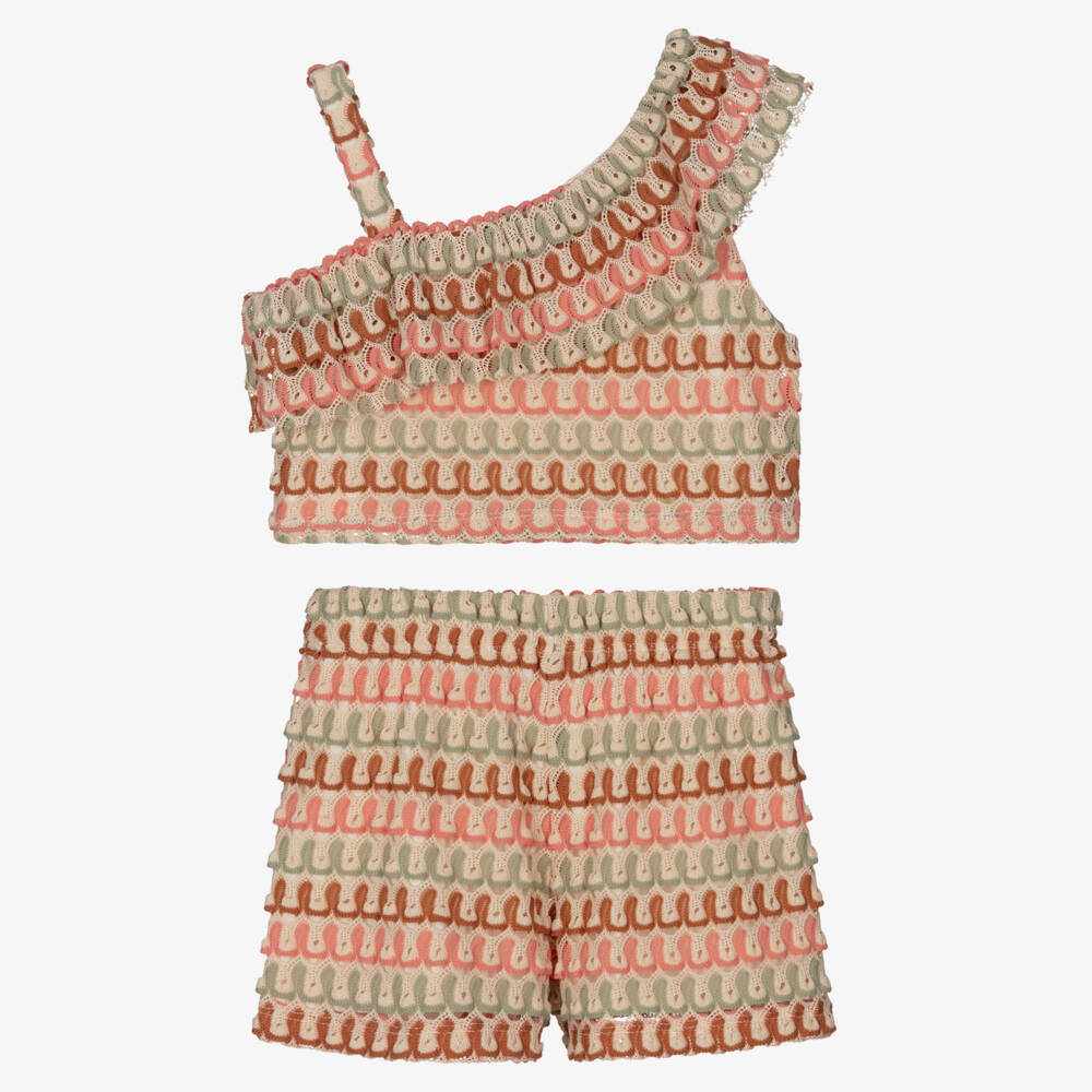 Mayoral-Girls Crochet Shorts Set with Asymmetric Ruffled Top | Childrensalon
