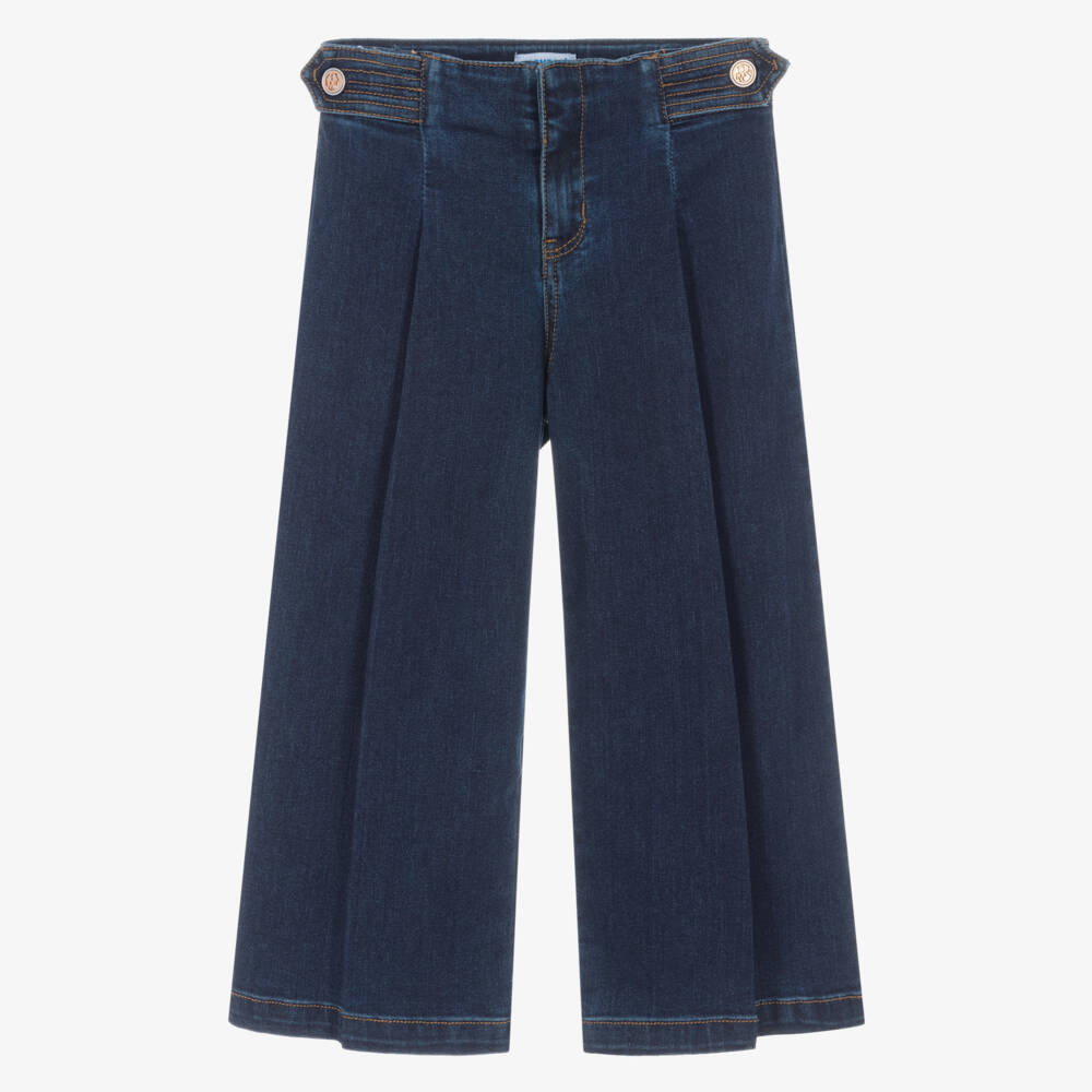 Mayoral-Girls Dark Blue Denim Wide Leg Pleated Jeans | Childrensalon