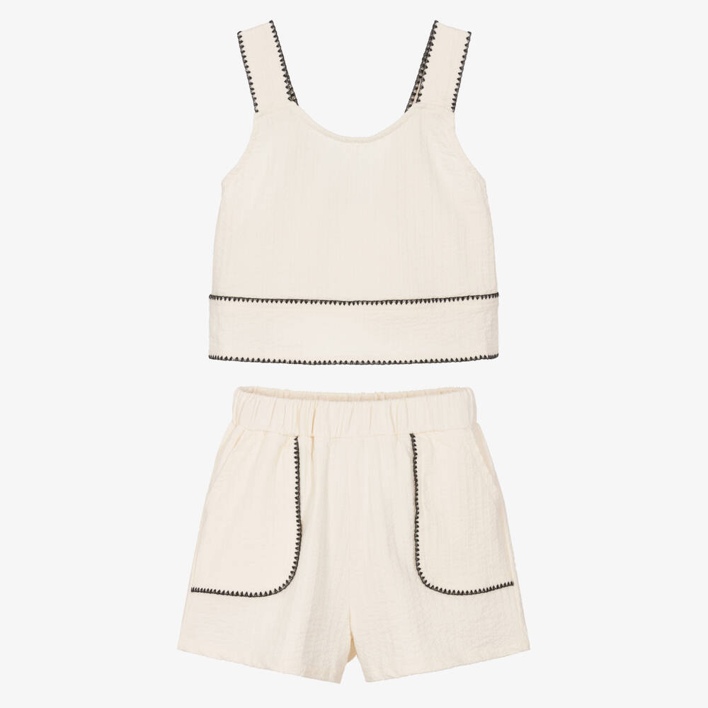 Mayoral-Girls Dark Ivory Cotton Jersey Shorts Set | Childrensalon
