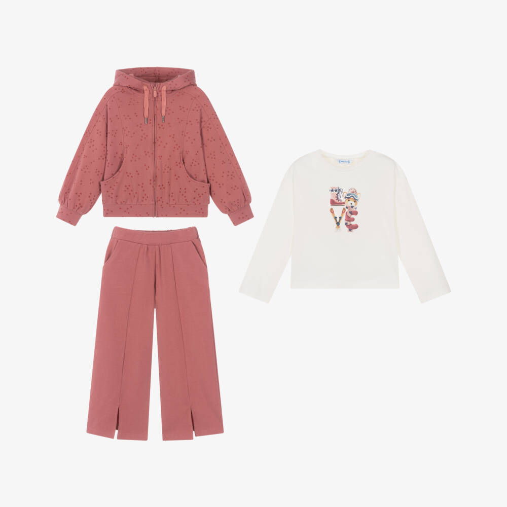 Mayoral-Girls Dusky Pink Hooded Cotton Tracksuit Set | Childrensalon