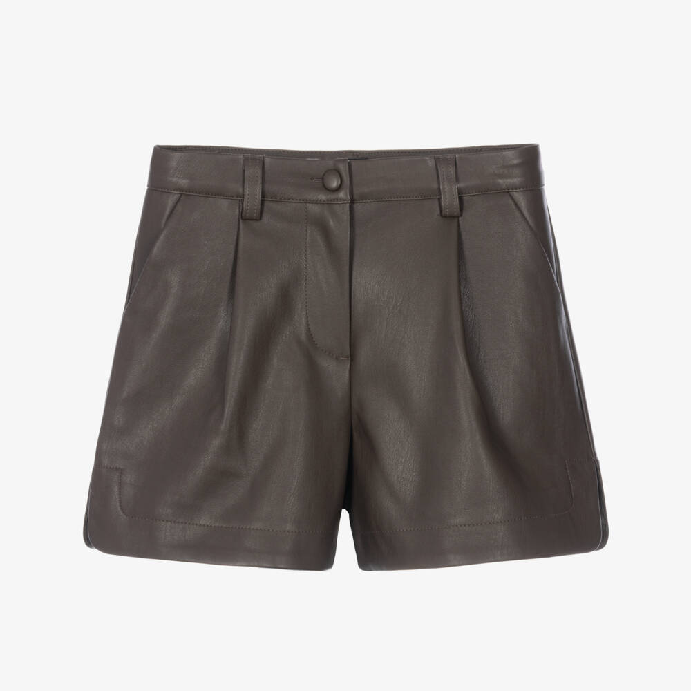 Mayoral-Girls Faux Leather Shorts in Chocolate Brown | Childrensalon