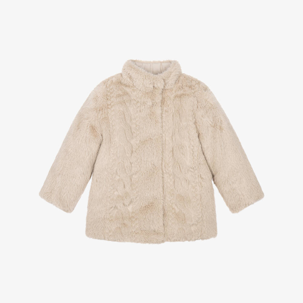Mayoral-Girls Fluffy Beige Faux Fur Coat  | Childrensalon