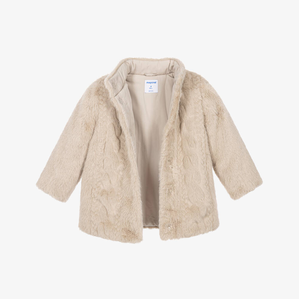 Mayoral-Girls Fluffy Beige Faux Fur Coat | Childrensalon