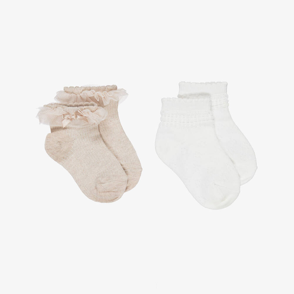 Mayoral-Girls Glittery Beige & Ivory Ankle Socks (2 Pack) | Childrensalon
