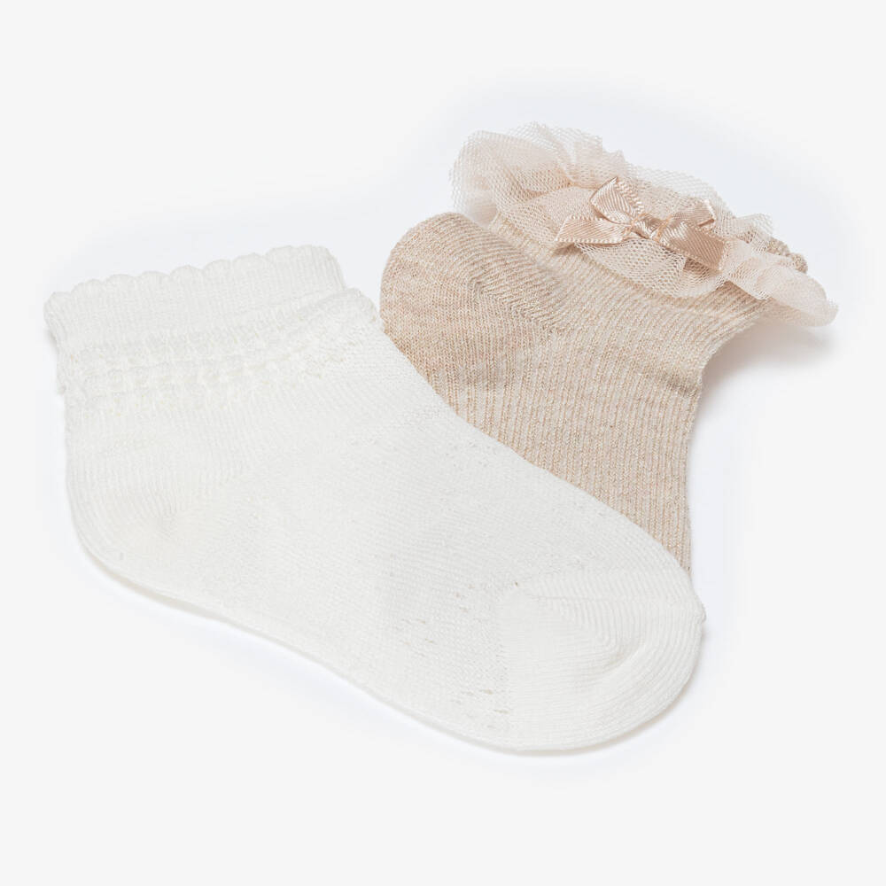 Mayoral-Girls Glittery Beige & Ivory Ankle Socks (2 Pack) | Childrensalon