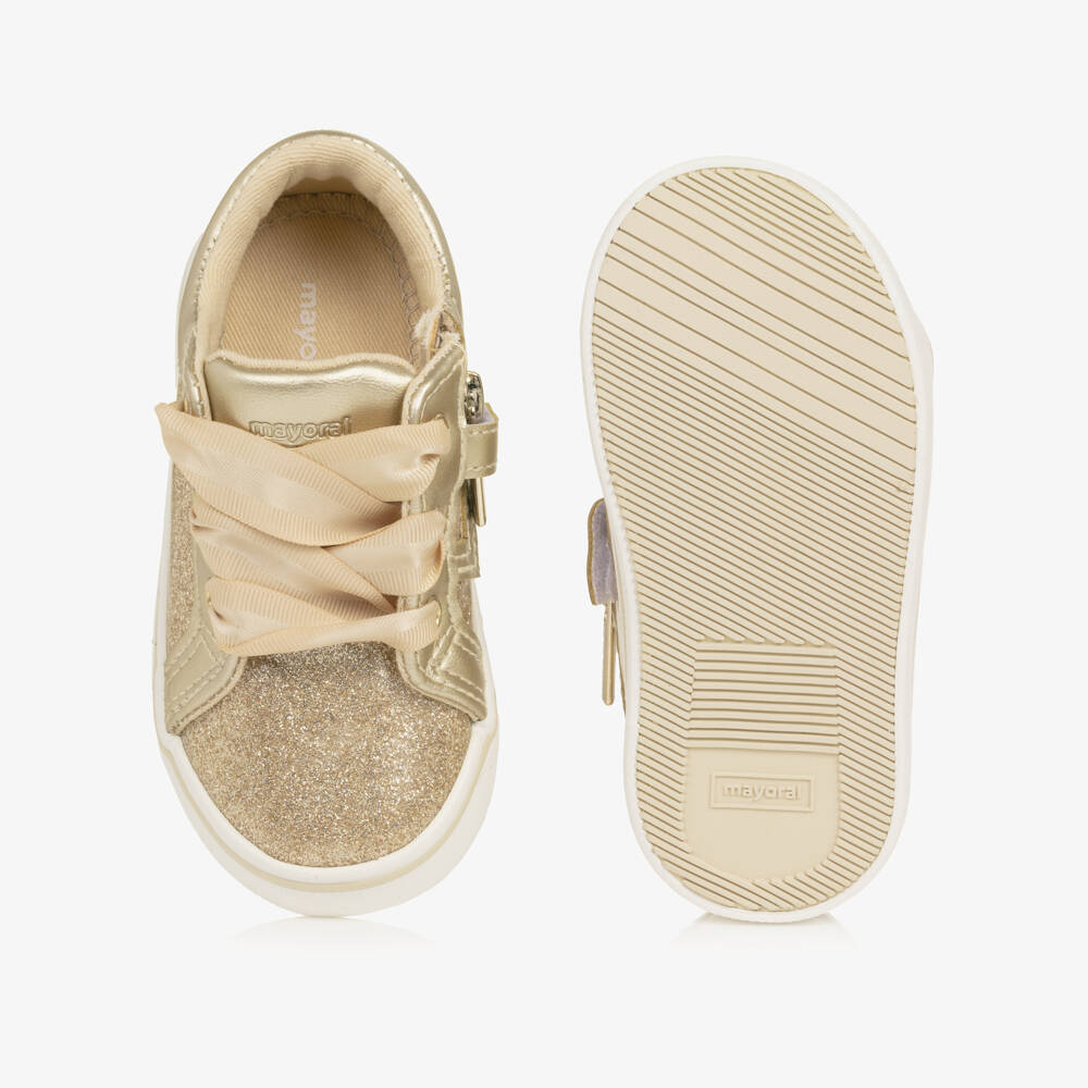 Mayoral-Girls Glittery Gold First Walker Trainers with Ribbon Laces | Childrensalon