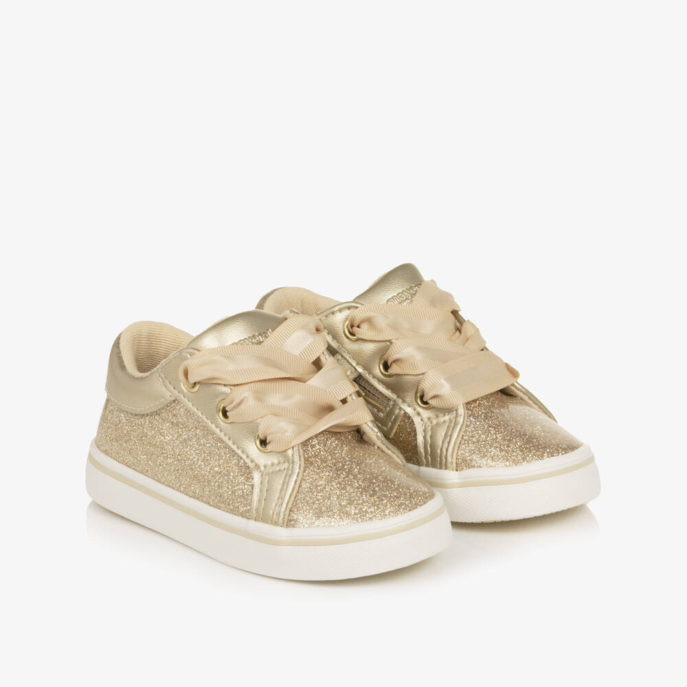 Mayoral-Girls Glittery Gold First Walker Trainers with Ribbon Laces | Childrensalon