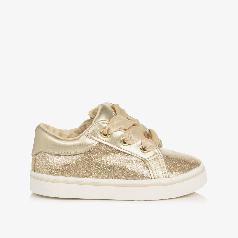 Mayoral-Girls Glittery Gold First Walker Trainers with Ribbon Laces | Childrensalon