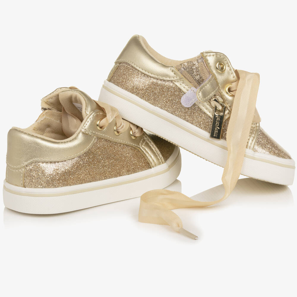 Mayoral-Girls Glittery Gold First Walker Trainers with Ribbon Laces | Childrensalon