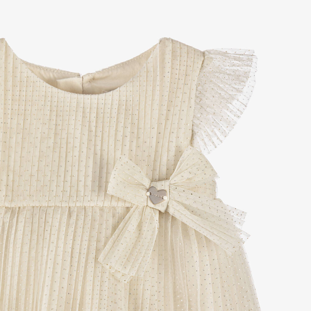 Mayoral-Girls Glittery Ivory Pleated Tulle Dress | Childrensalon