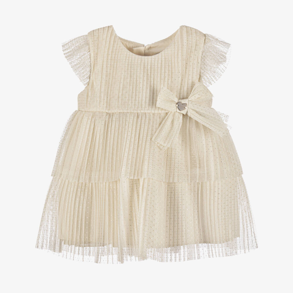 Mayoral-Girls Glittery Ivory Pleated Tulle Dress | Childrensalon