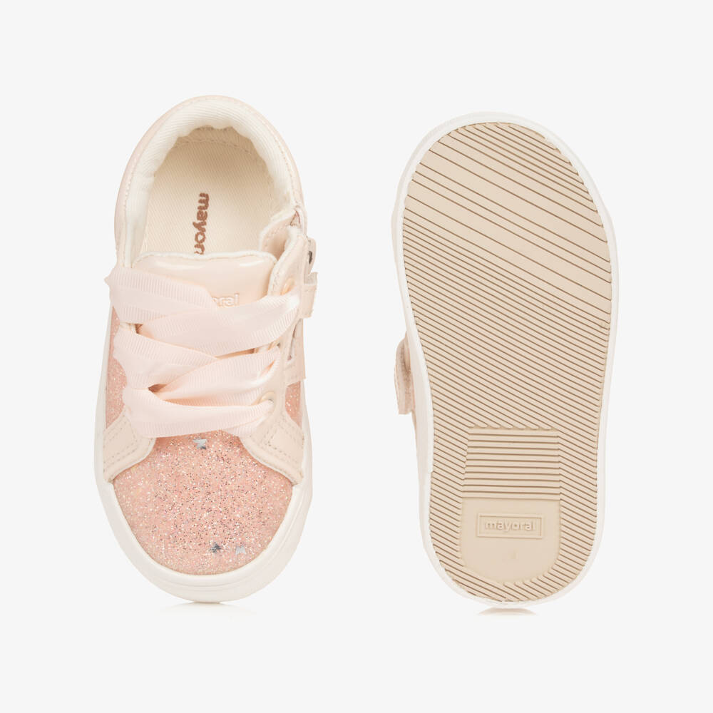 Mayoral-Girls Glittery Pink First Walker Trainers with Ribbon Laces | Childrensalon