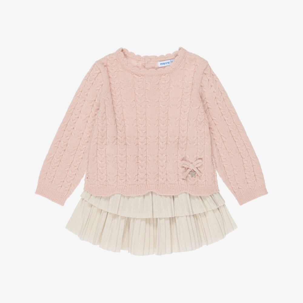 Mayoral-Girls Glittery Pink & Gold Skirt Set with Cable Knit Sweater | Childrensalon