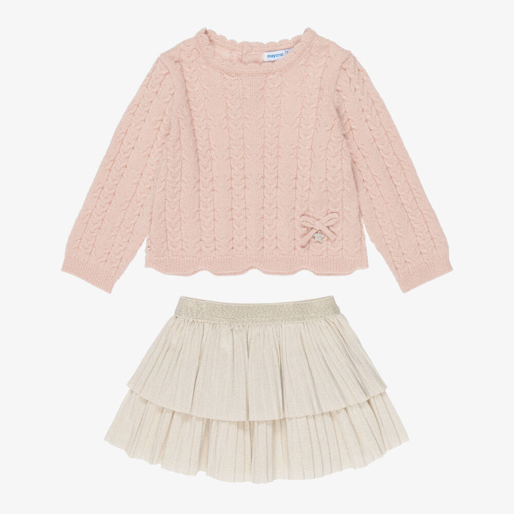 Mayoral-Girls Glittery Pink & Gold Skirt Set with Cable Knit Sweater | Childrensalon
