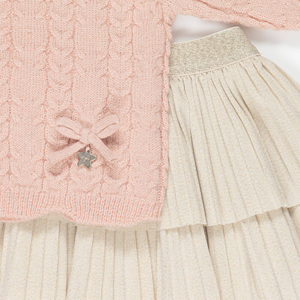 Mayoral-Girls Glittery Pink & Gold Skirt Set with Cable Knit Sweater | Childrensalon
