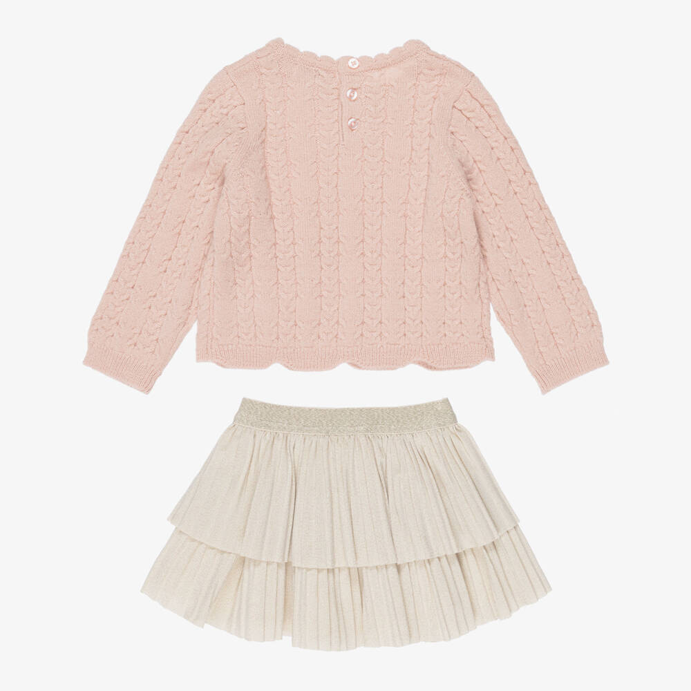 Mayoral-Girls Glittery Pink & Gold Skirt Set with Cable Knit Sweater | Childrensalon
