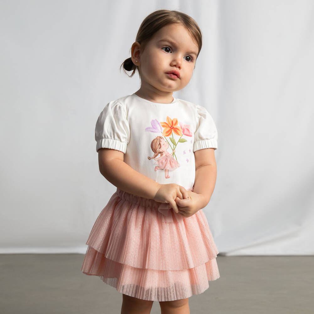 Mayoral-Girls Glittery Pink Pleated Tulle Skirt | Childrensalon