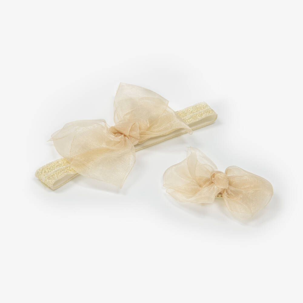Mayoral Newborn-Girls Gold Bow Headband & Clip Set | Childrensalon
