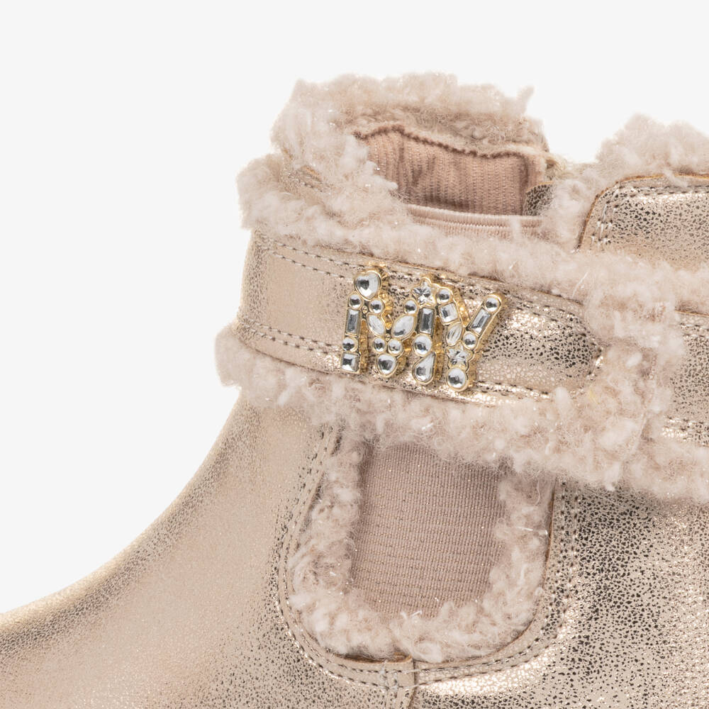 Mayoral-Girls Gold Faux Leather Ankle Boots with Diamanté Logo | Childrensalon