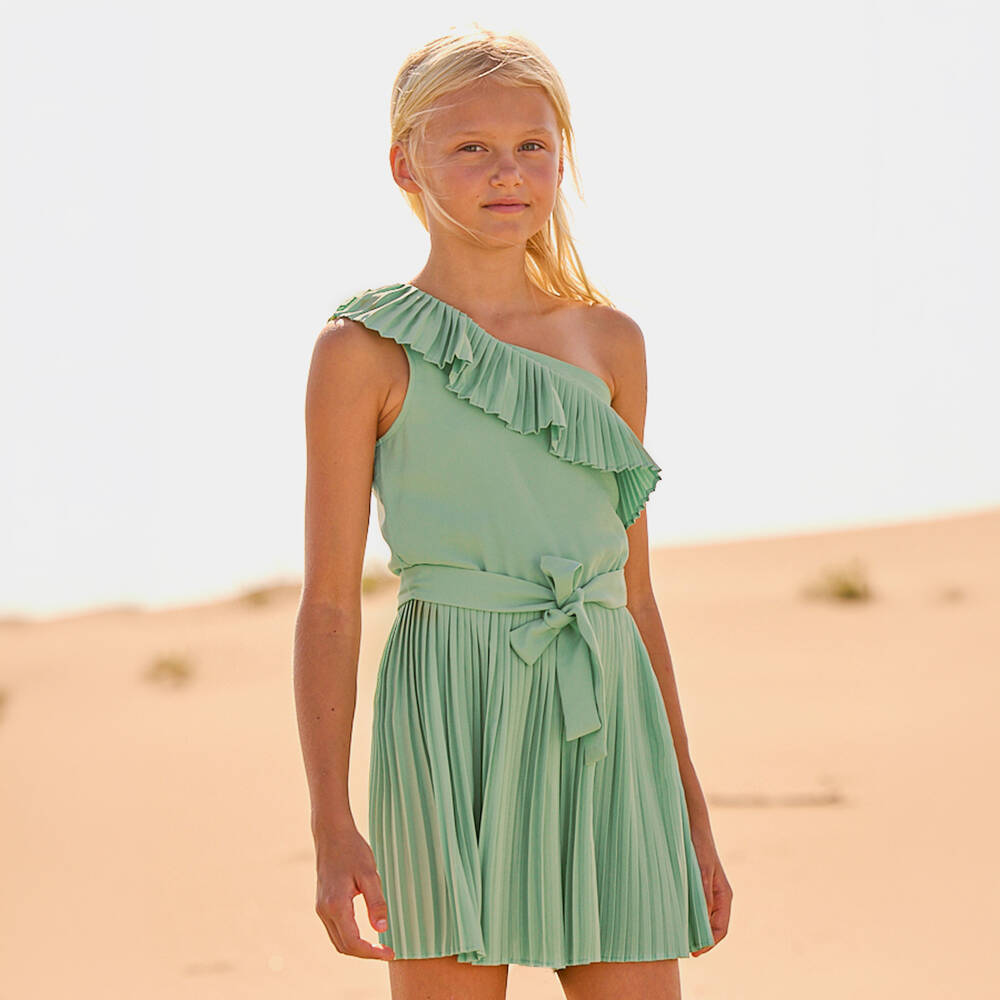 Mayoral-Girls Green Asymmetric Crêpe Playsuit | Childrensalon