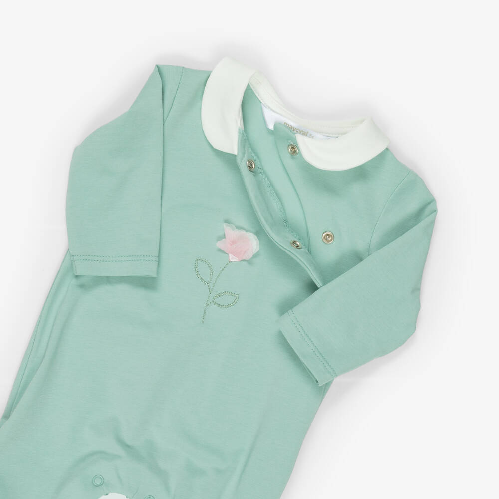 Mayoral Newborn-Girls Green Babygrows with Flower Embroidery (2 Pack) | Childrensalon