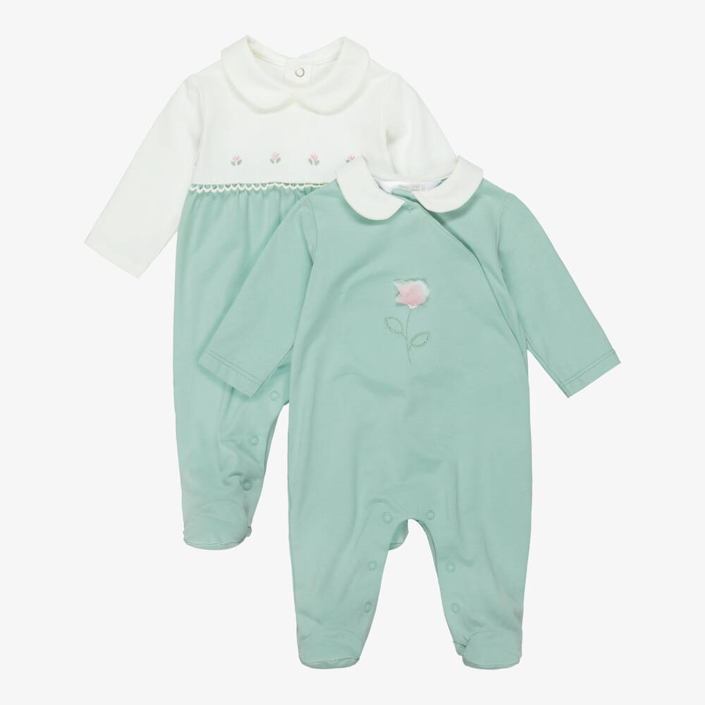Mayoral Для новорожденных-Girls Green Babygrows with Flower Embroidery (2 Pack) | Childrensalon