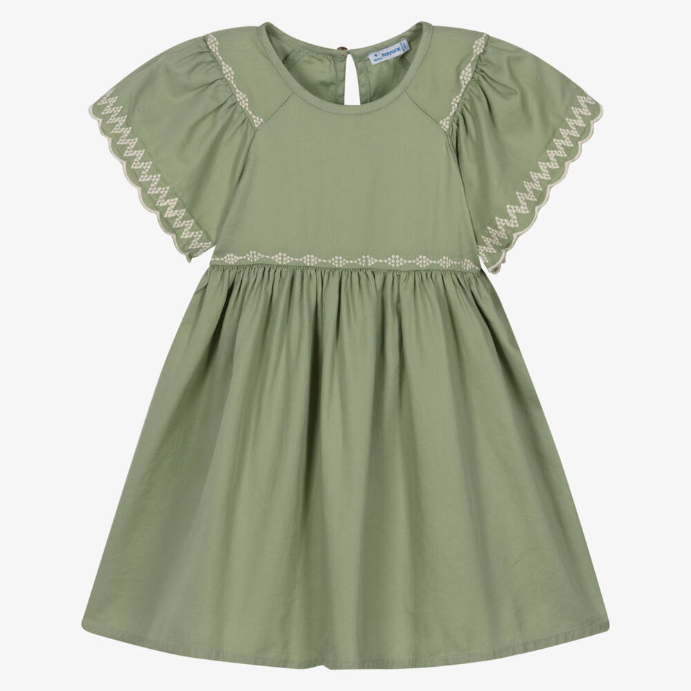 Mayoral-Girls Green Cotton Dress with Ivory Embroidered Trim | Childrensalon