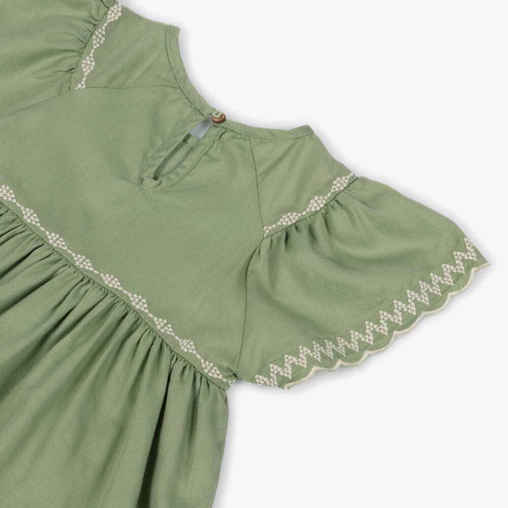 Mayoral-Girls Green Cotton Dress with Ivory Embroidered Trim | Childrensalon
