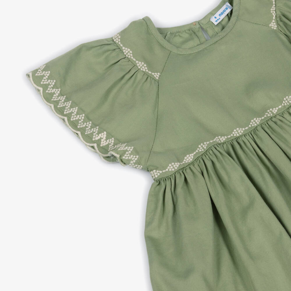 Mayoral-Girls Green Cotton Dress with Ivory Embroidered Trim | Childrensalon