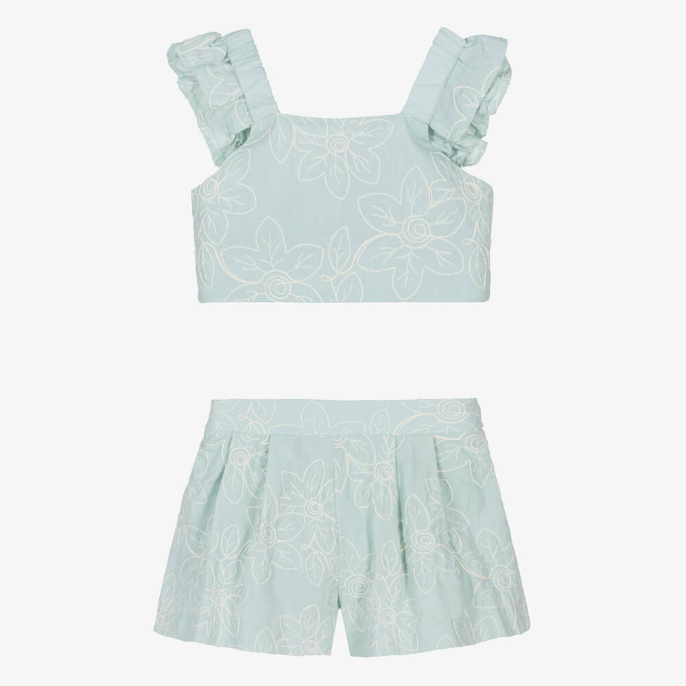Mayoral-Girls Green Cotton Floral Embroidered Shorts Set | Childrensalon