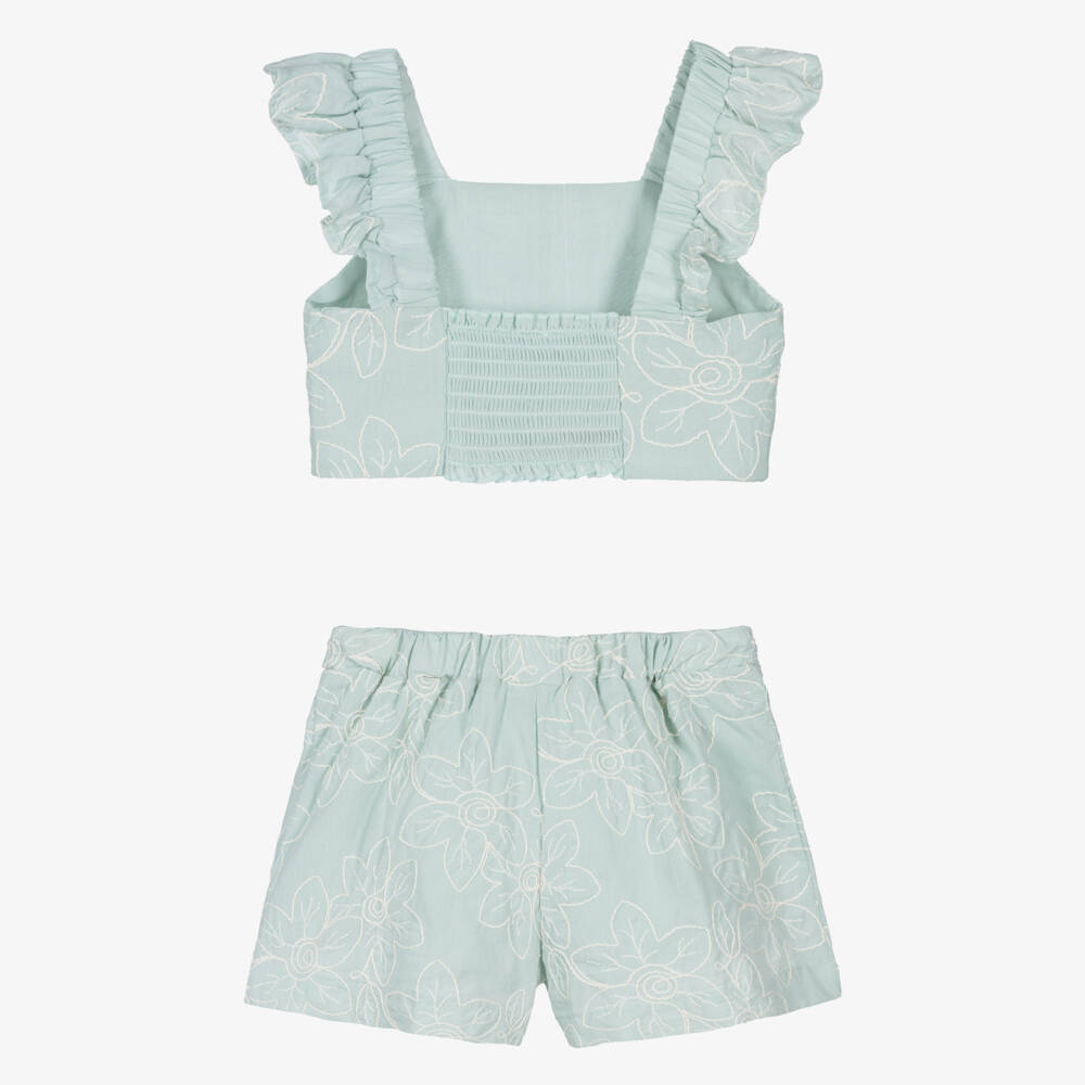 Mayoral-Girls Green Cotton Floral Embroidered Shorts Set | Childrensalon