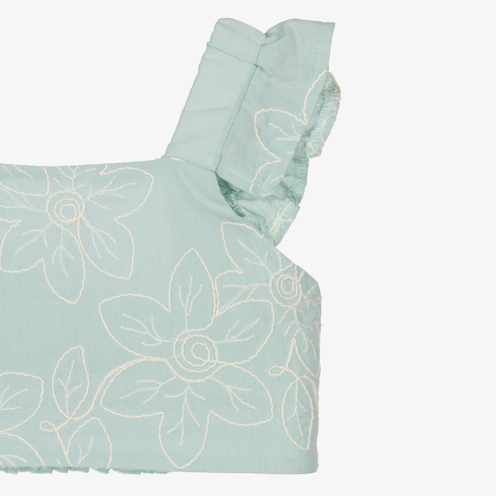 Mayoral-Girls Green Cotton Floral Embroidered Shorts Set | Childrensalon