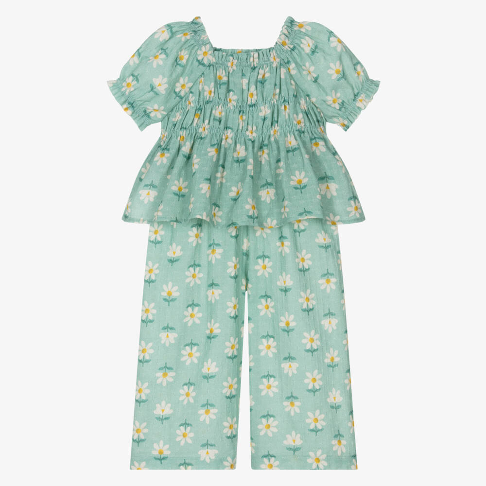 Mayoral-Girls Green Cotton Floral Print Trouser Set | Childrensalon