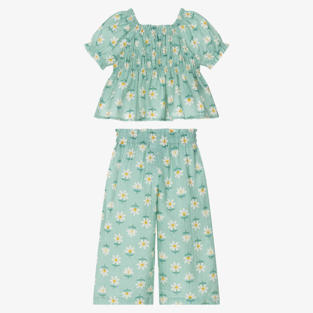 Mayoral-Girls Green Cotton Floral Print Trouser Set | Childrensalon