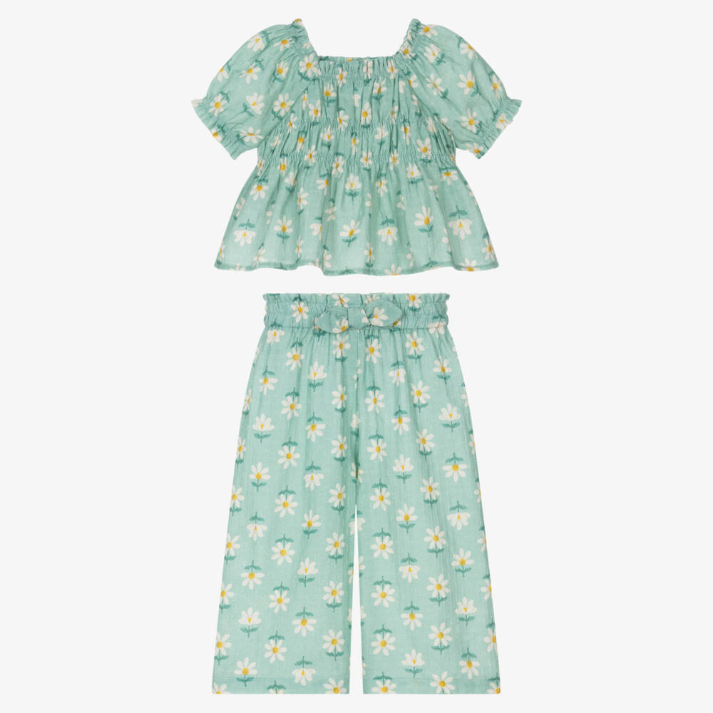 Mayoral-Girls Green Cotton Floral Print Trouser Set | Childrensalon