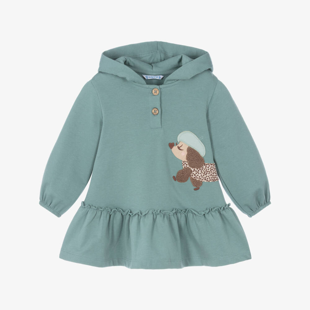 Mayoral-Girls Green Cotton Hooded Dress | Childrensalon