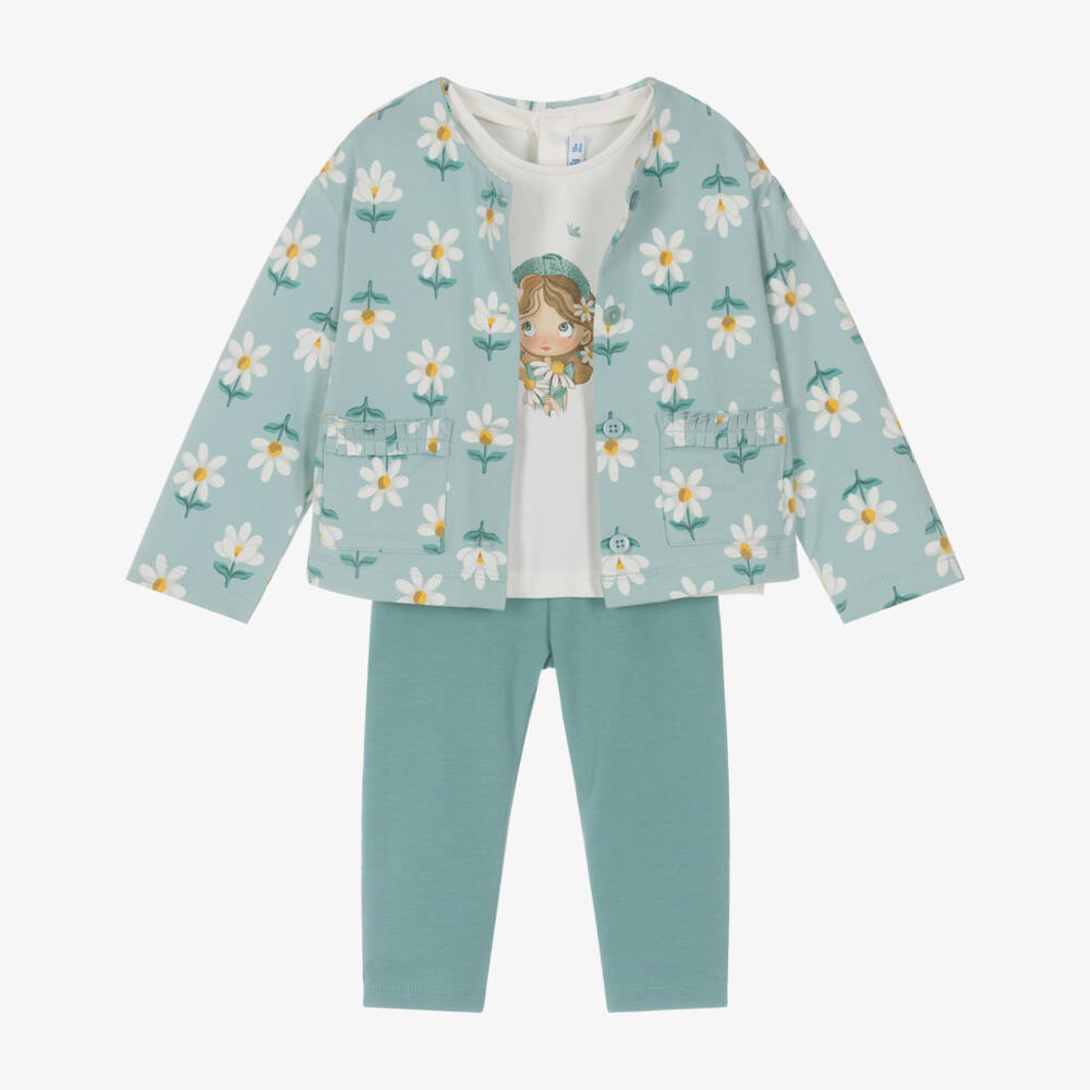 Mayoral-Girls Green Cotton Leggings Set with Daisy Print | Childrensalon