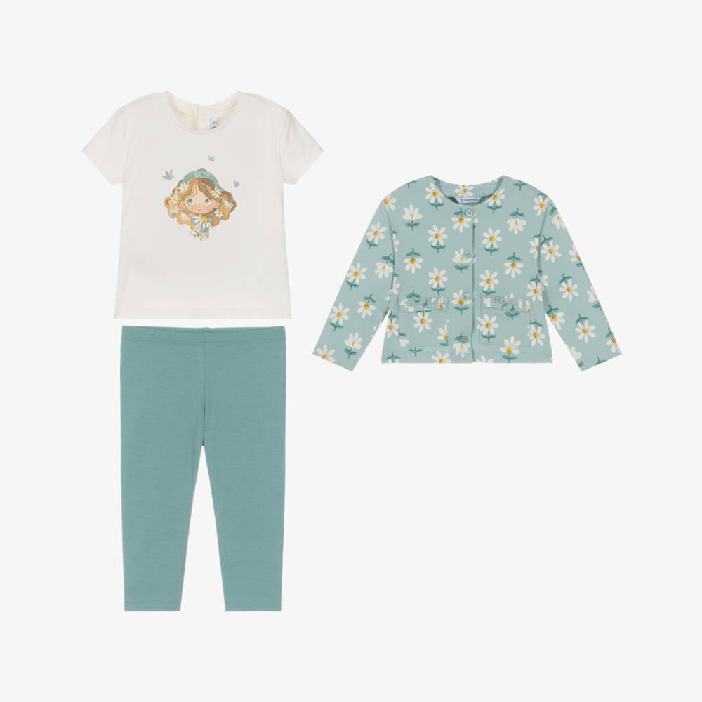 Mayoral-Girls Green Cotton Leggings Set with Daisy Print | Childrensalon