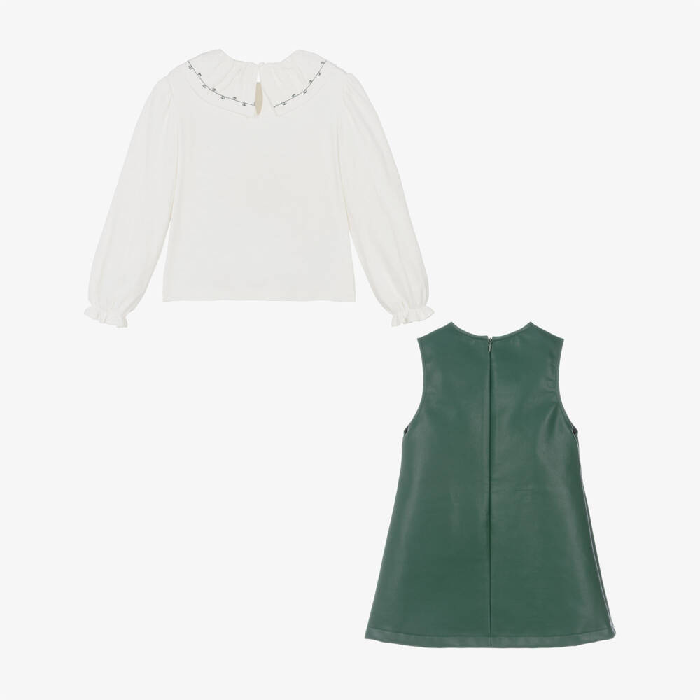 Mayoral-Girls Green Faux Leather Pinafore Dress Set | Childrensalon