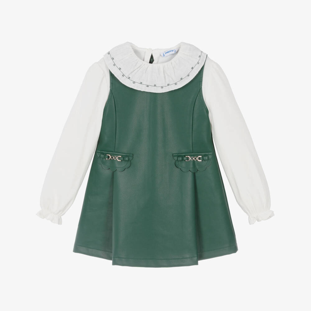Mayoral-Girls Green Faux Leather Pinafore Dress Set | Childrensalon