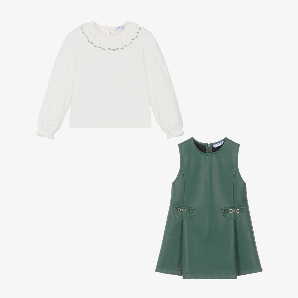 Mayoral-Girls Green Faux Leather Pinafore Dress Set | Childrensalon