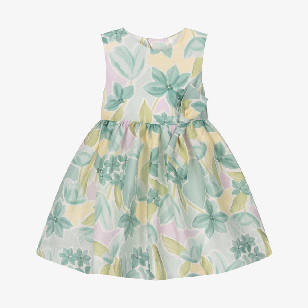 Mayoral-Girls Green Floral Linen Organza Dress  | Childrensalon