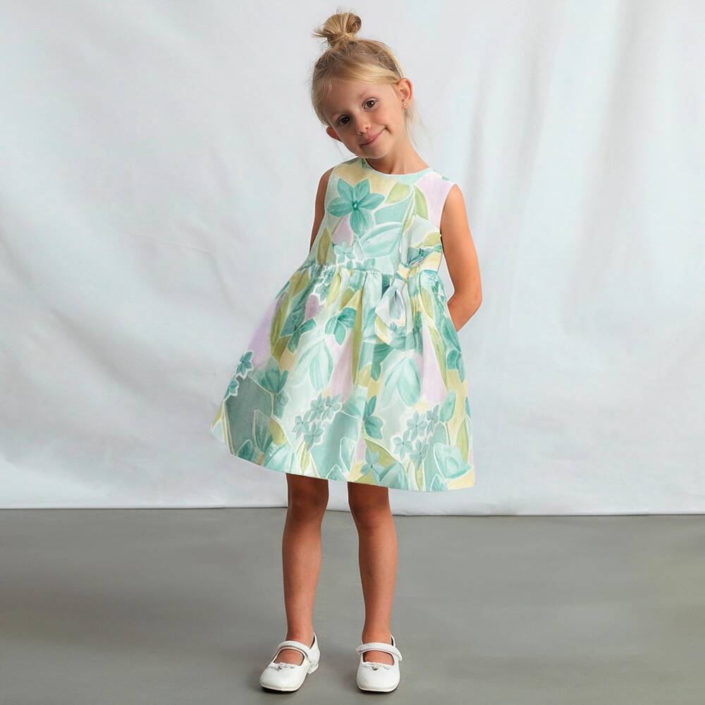 Mayoral-Платье зелёное из льняной органзы с цветочным узором для девочек | Childrensalon