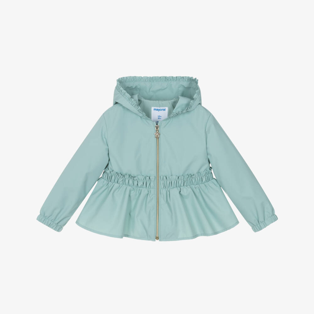 Mayoral-Girls Green Hooded Jacket with Ruffles | Childrensalon