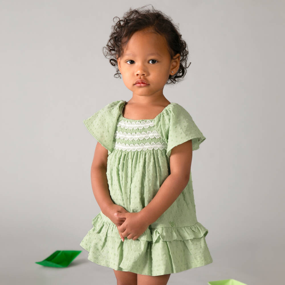 Mayoral-Girls Green Plumeti Cotton Smocked Dress | Childrensalon