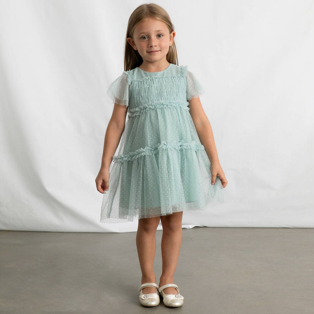 Mayoral-Girls Green Spotted Tulle Dress with Ruffles | Childrensalon