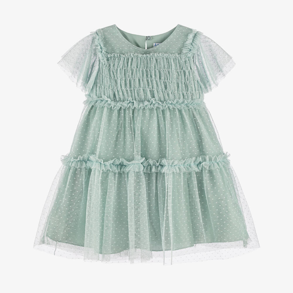 Mayoral-Girls Green Spotted Tulle Dress with Ruffles | Childrensalon