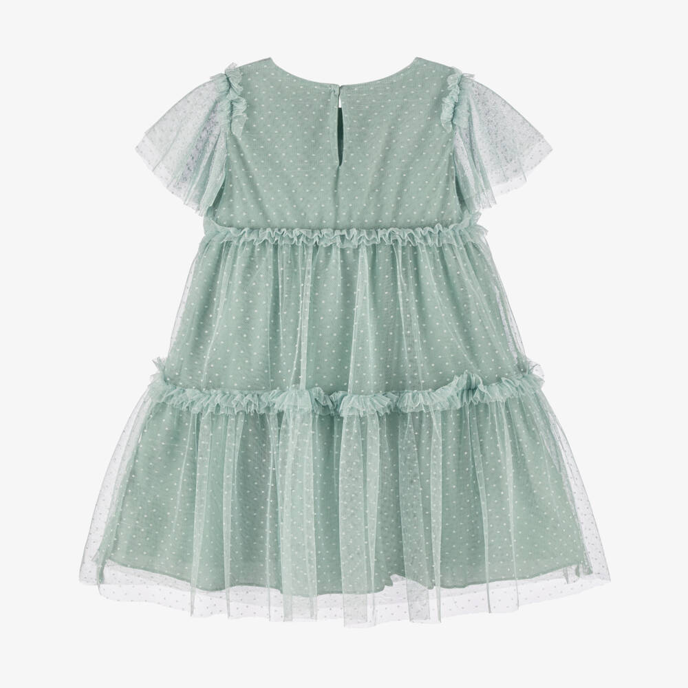 Mayoral-Girls Green Spotted Tulle Dress with Ruffles | Childrensalon