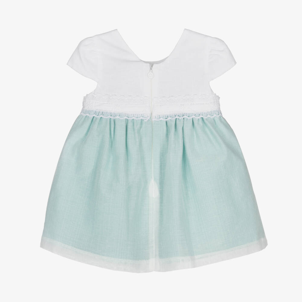 Mayoral Newborn-Girls Green & White Cotton & Linen Dress | Childrensalon